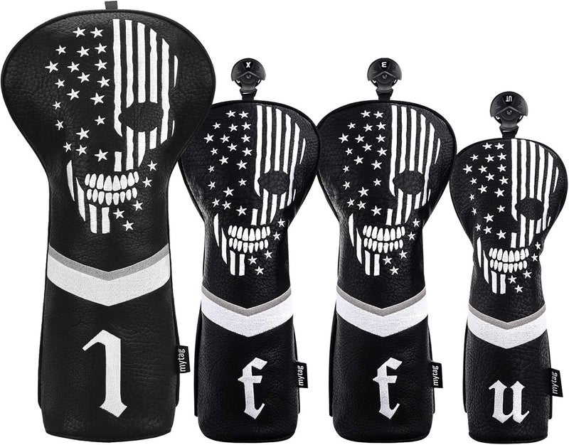 caiobob mytag Skull Skeleton Golf Head Covers Black Synthetic Leather Golf Headcovers Set Fits Driver Fairway Wood Hybrid/Utility Putter Iron Wedge Headcover - Image 2